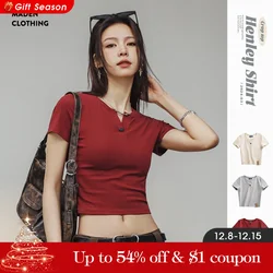 Maden New Crop Top Henry Shirt Short-sleeved Slim T-shirt and Short Solid Color Inner Layering Cotton Tee for Women's Summer