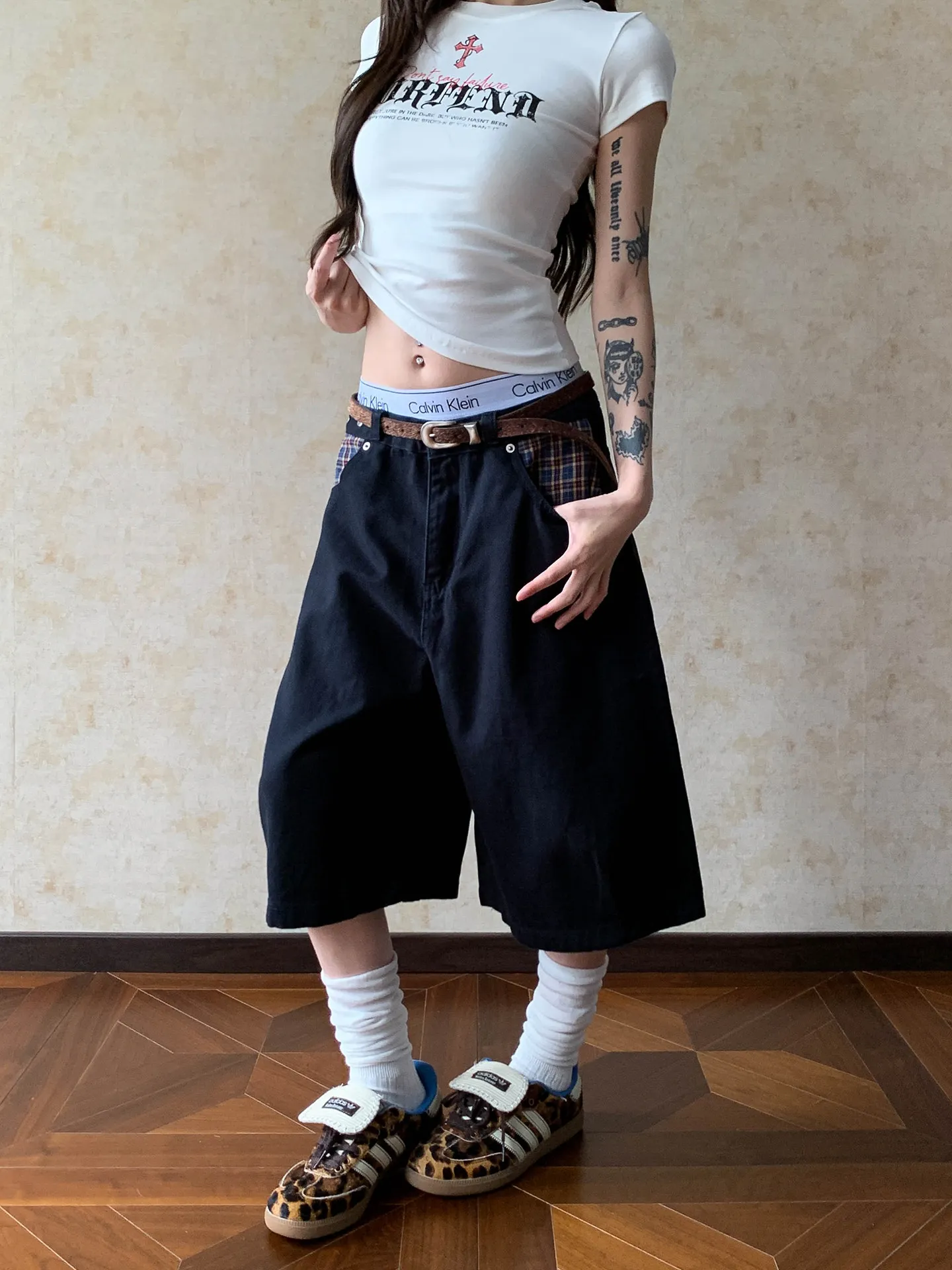 American High Street Retro Patchwork Pocket Denim Five-Point Pants Loose Straight Casual Versatile Mid-Calf Trendy Jeans