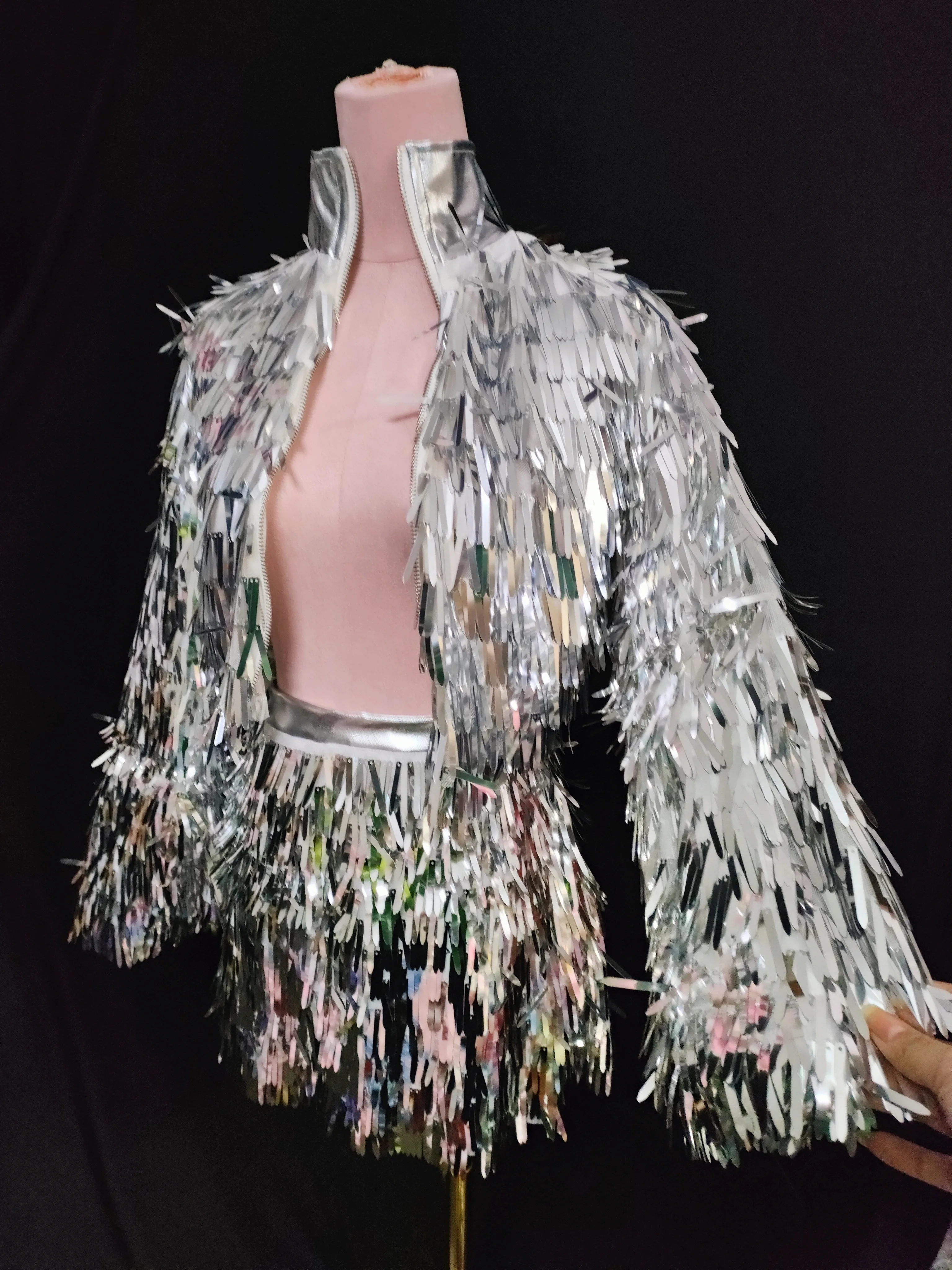 Dancer Show Two Pieces Set Party Dress Club Singer Party Show Shining Silver Sequins Dance Outfit