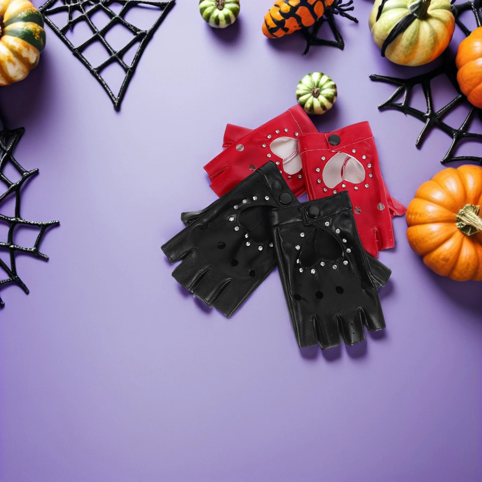 2Pairs Vingerloze kinderhandschoenen Glittery Heart Cutout Design Half Finger Handschoenen Halloween Kostuum Punk Style Dress-Up