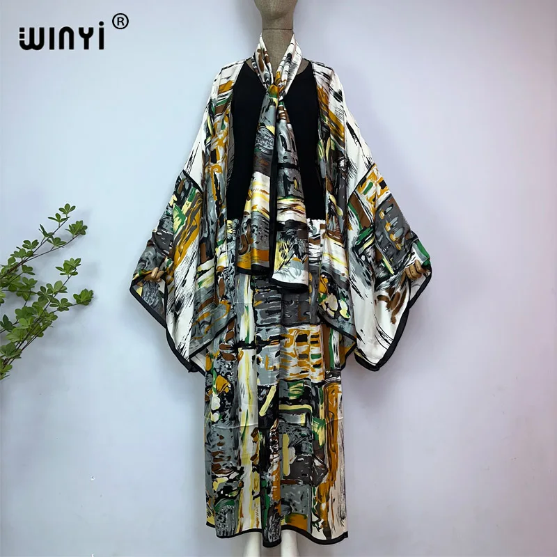 WINYI-Vestido floral midi feminino, moda quimono, estampa em totem, selo da cintura, manga comprida, casual fino, vintage, 2023