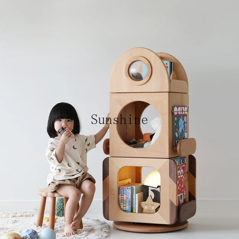 Rocket rotating solid wood storage box rotating bookshelf