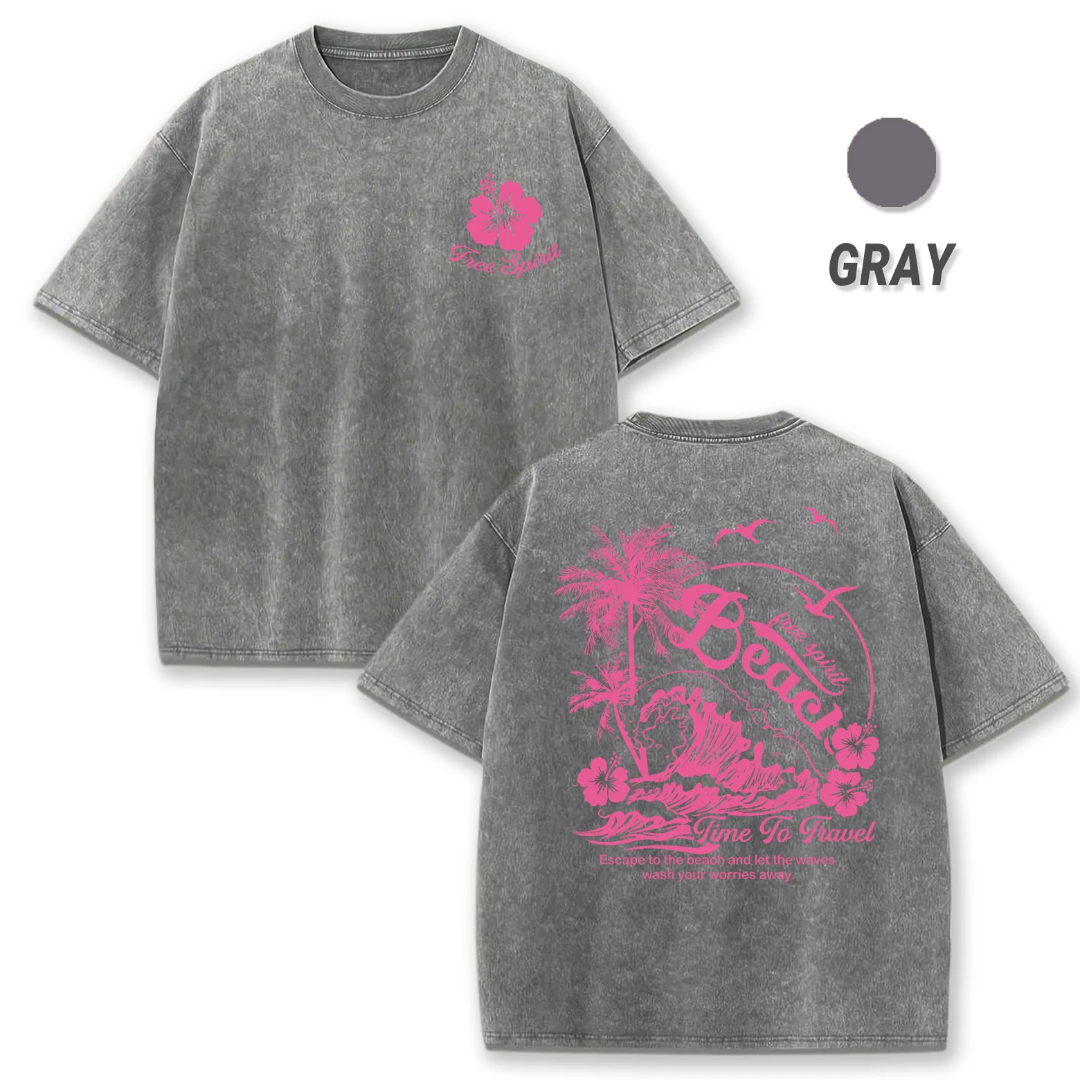 

Time To Travel Beach Wave Printed Washed T-Shirt Mens Cotton Oversize Tee Shirts All-Match Cool Clothes Loose Sportswear