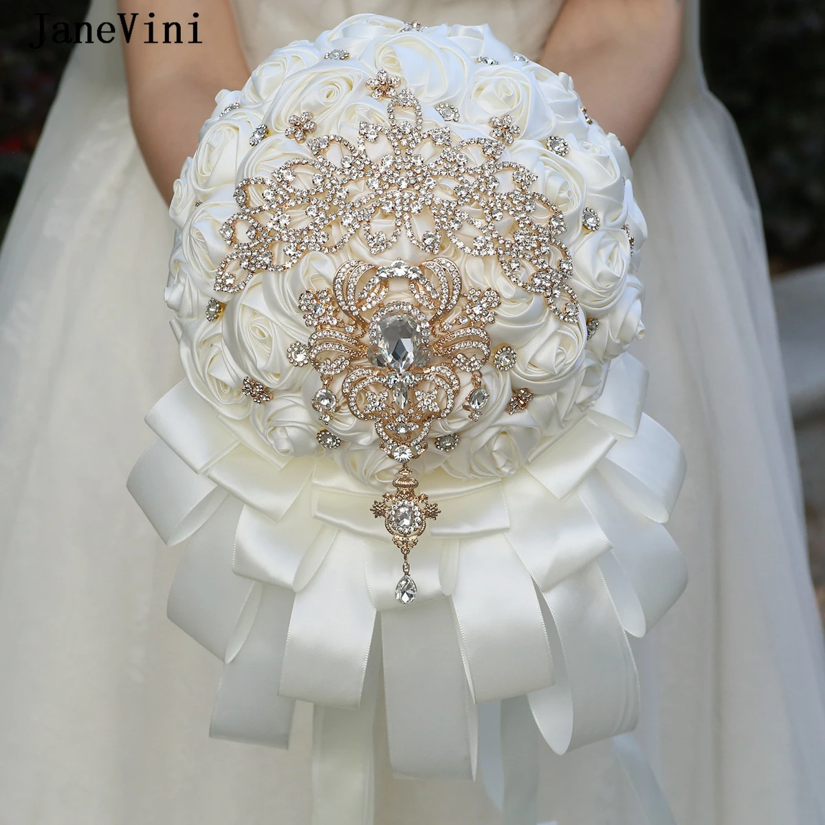 JaneVini Design New Waterfall Bridal Bouquets Artificial Satin Roses Luxury Rhinestones Wedding Bouquet Flowers Ramo Para Novia