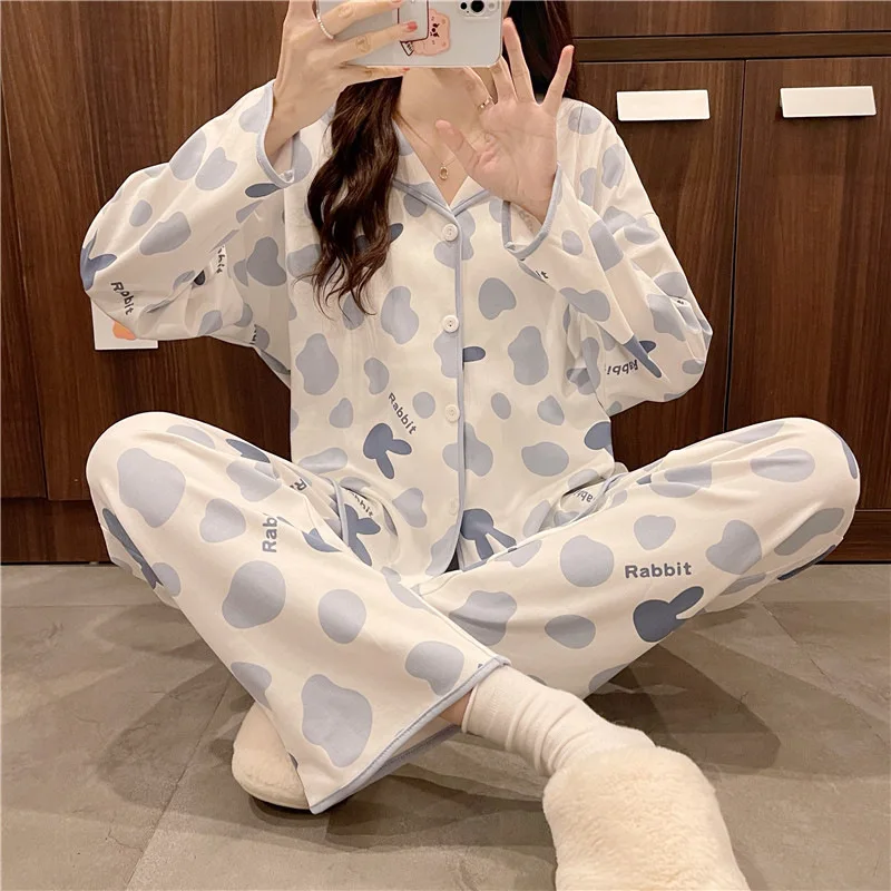 2PCS/Set Women Spring and Autumn Thin Long-Sleeved Pajamas 2024 Cute Cartoon Bear Cardigan Loose Button Homewear Ladies Clothes