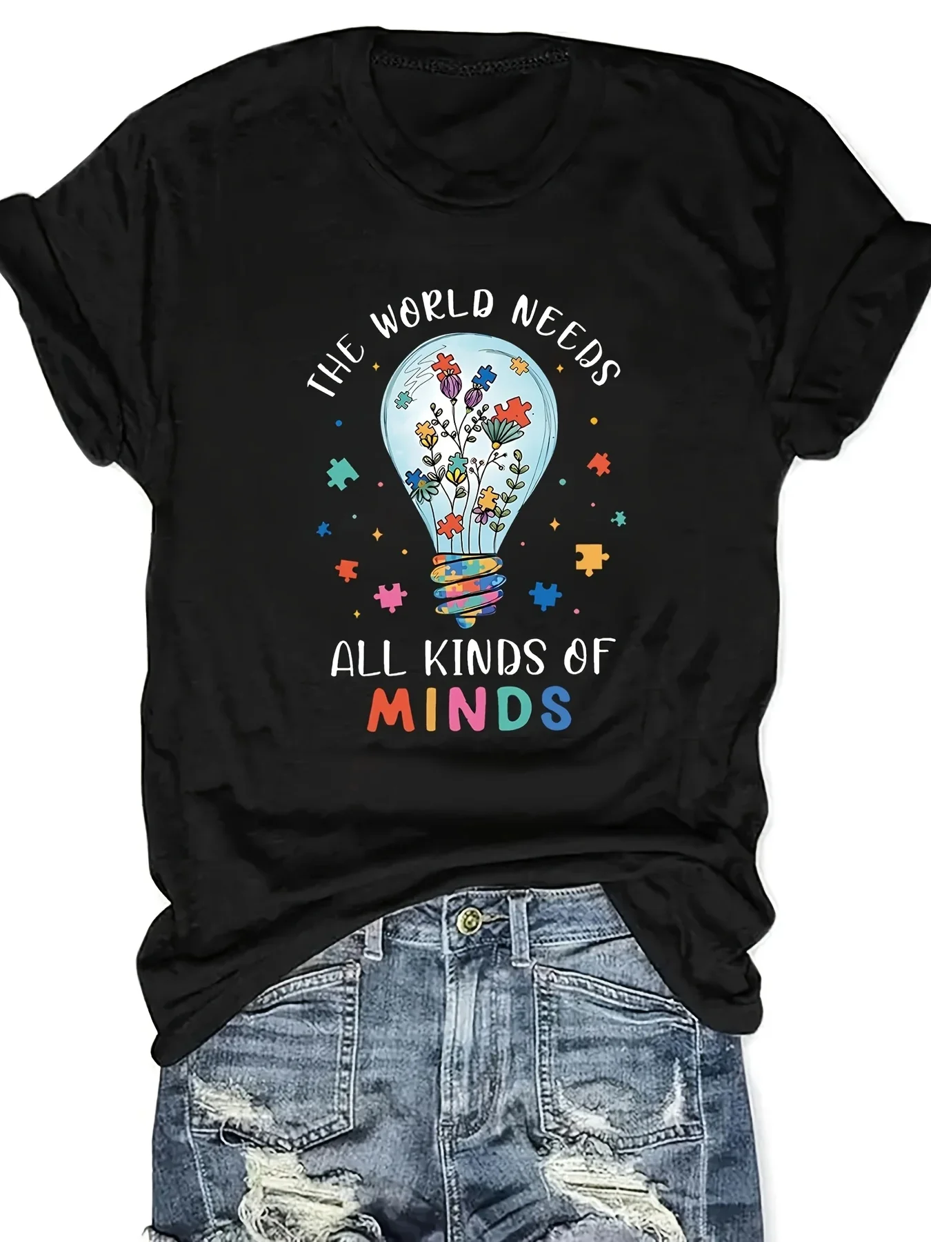 Women's The World Needs All Kinds of Minds Printed Casual Top Summer Women T-Shirt Humorous Casual Summer New Y2k Clothing