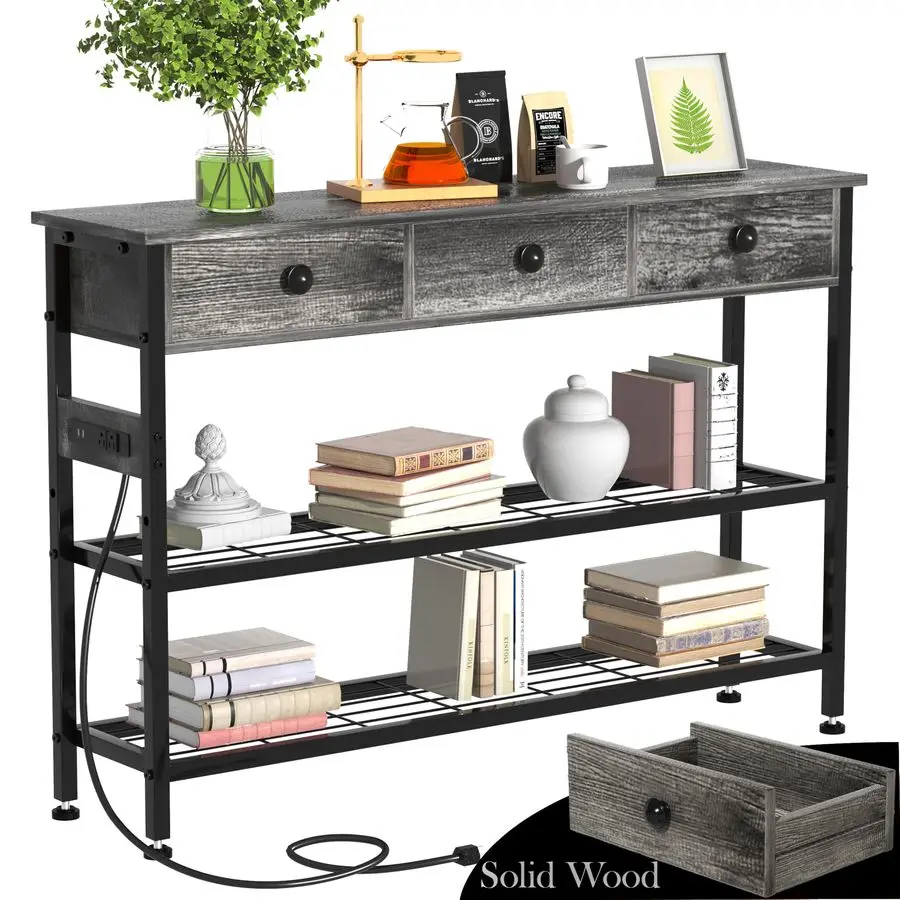

47 Console Table with Outlets amp USB Ports Narrow Entryway Table with 3 Drawers and Storage Shelves, Power Strip Sofa Table for