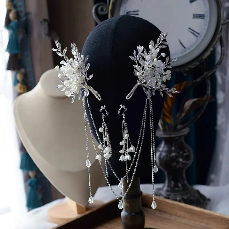 Himstory Handmade Hairpins Bead Chain Modeling Clip Headdress Fairy Crystal Bride Hair Accessories Wedding Women