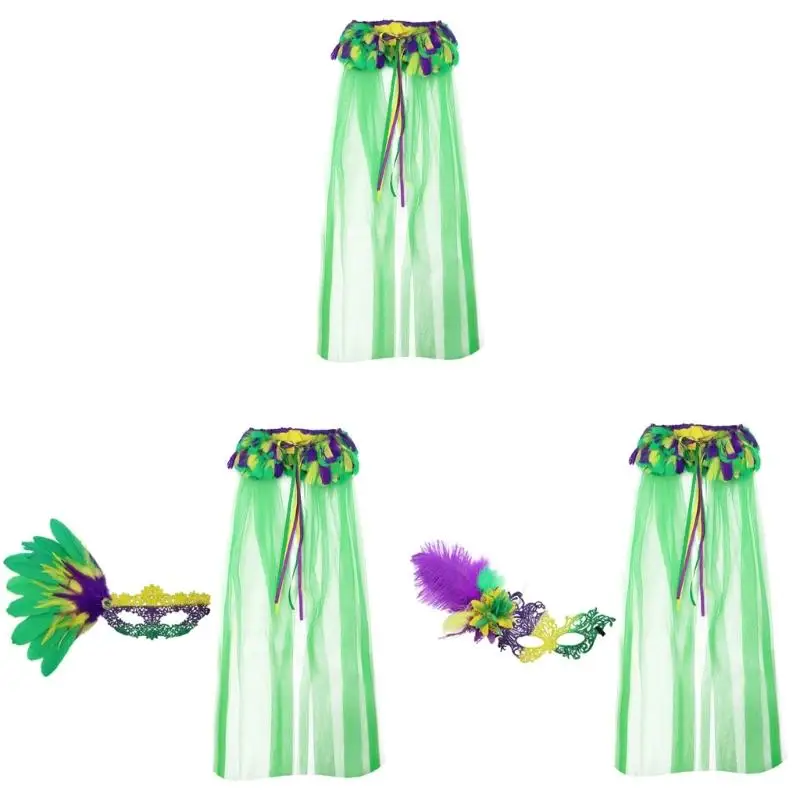 

652F 2Pcs Mardi Gras Outfits Mardi Gras Costume Accessories Set Masquerades Mask
