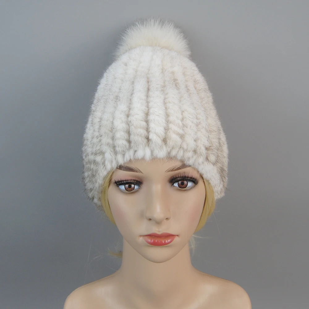 2026 New Lovely Real Mink Fur Hat Women Winter Knitted Real Mink Fur Beanies Hats Fox Fur Pom Poms Thick Warm Real Mink Fur Cap