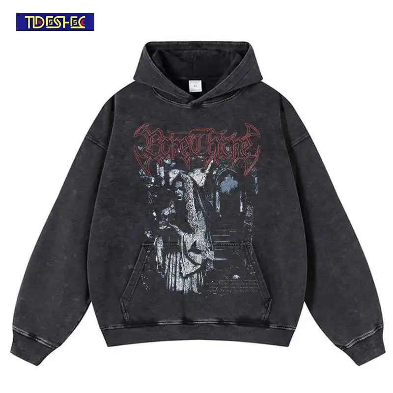 Harajuku الشارع الشهير 2025 الهيب هوب خمر الشرير غسلها الجمجمة طباعة هوديي فضفاض البلوز الشارع الشهير المتضخم البلوز مقنعين