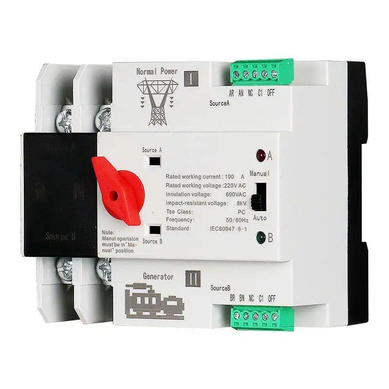 

DIN Rail ATS Automatic Transfer Switch 63A-125A 2P/3P/4P - Dual Power Changeover for Solar/Generator, Uninterrupted Power Supply
