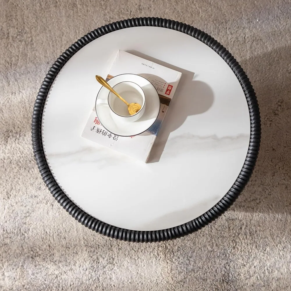 Tavolino da caffè moderno a forma di tamburo con piano in pietra sinterizzata e lato scanalato in pelle PU da 19,7 pollici