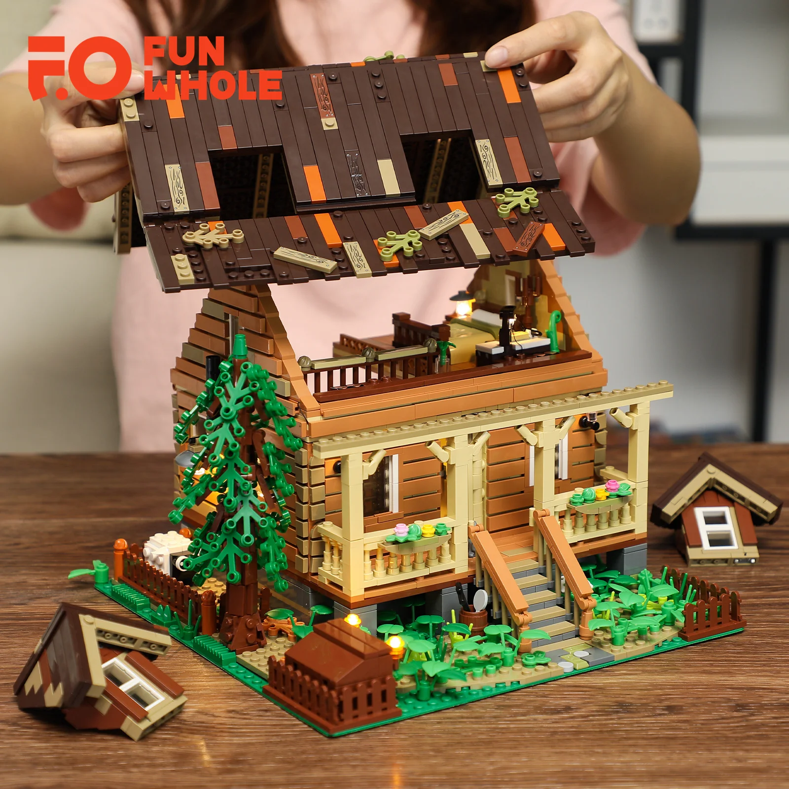 Funwhole Wood Cabin Set di blocchi modulari con Kit di luci a LED mattoni modello 2097 pezzi giocattoli da costruzione per bambini e adulti