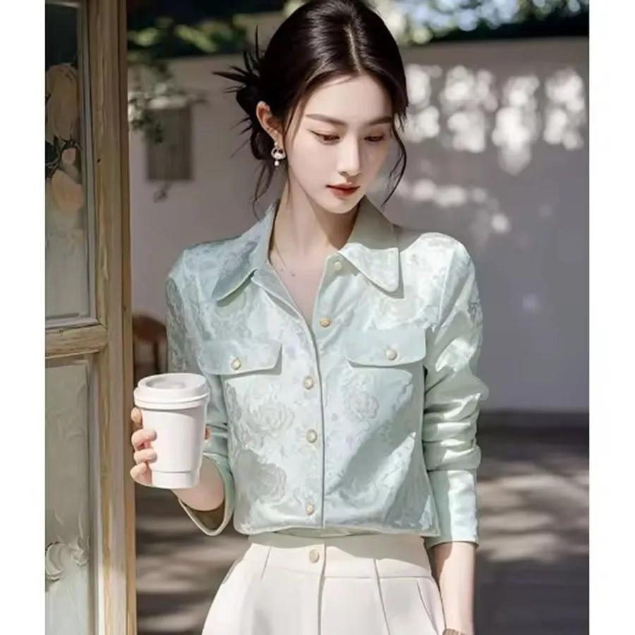 

Новая женская рубашка с жаккардовым узором на лацканах, с длинным рукавом, высококачественная, осенняя, модная блузка, женский топ 2026 года