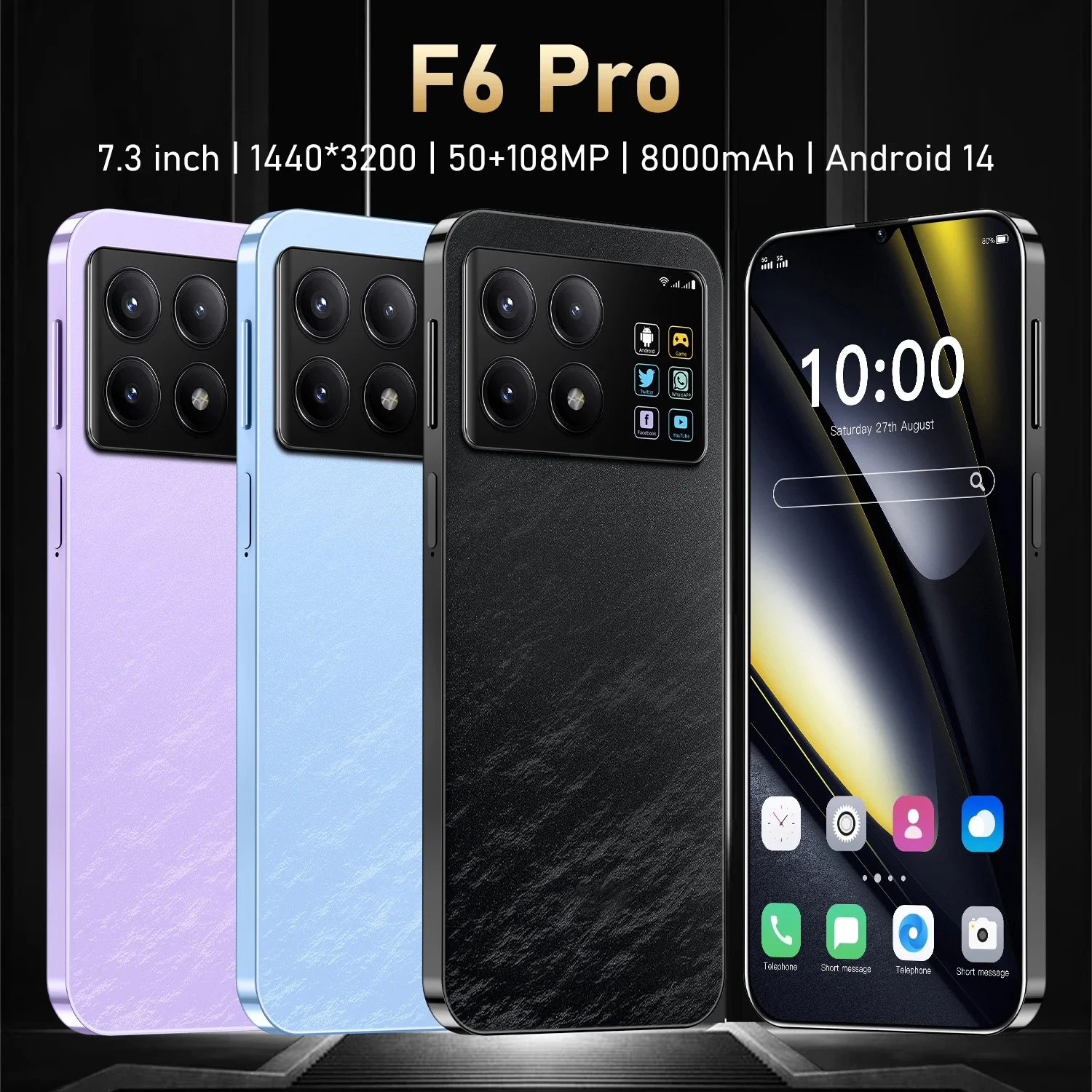 

F6 Pro 5G Global Version 7.3HD Screen 16G + 1T 7000Mah Android14 Cellulare Dual Sim Face Unlocked Mobile Phone 108MP Cell Phone