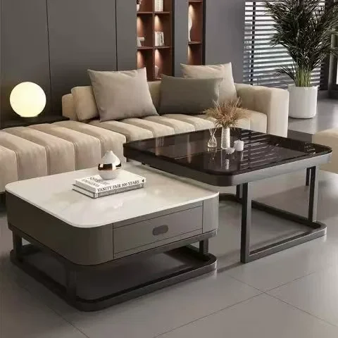 Scandinavian Modern Rectangular Coffee Table with Storage Stainless Steel & Tempered Glass Durable Brown Home Furniture