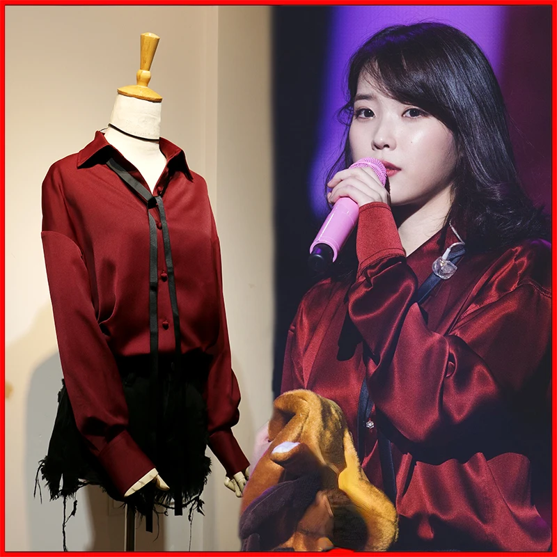 

Kpop IU Women Long Sleeve Solid Shirt Office Ladies Sweet Bow Lace-up Top Summer Casual Single-Breasted Turn-Down Collar Blouses