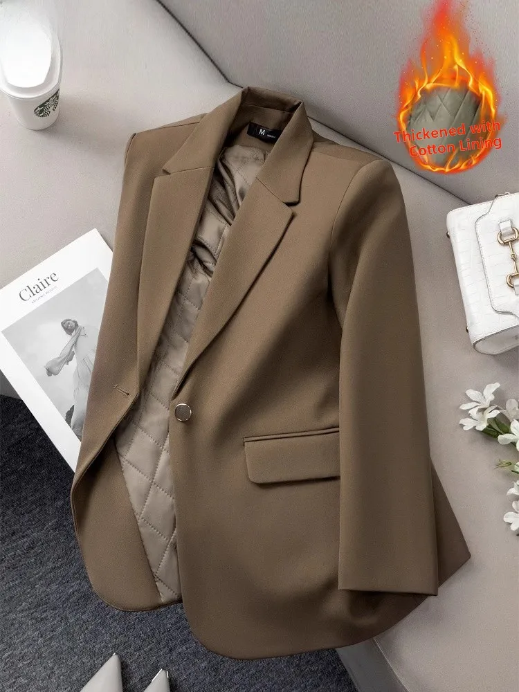 

Caramel Cotton Jacketed Suit Coat Women's Winter Thickened Casual Fashion High-End Style Long Sleeve Button Pocket Design