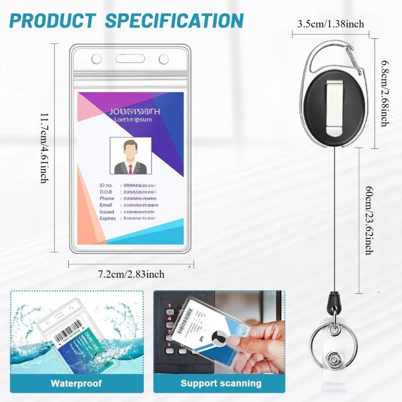 With clasp and key ringIDBadge Set - Vertical transparent plastic4.16" x 2.83"The sleeve can accommodate up to3Card - Scaling24"