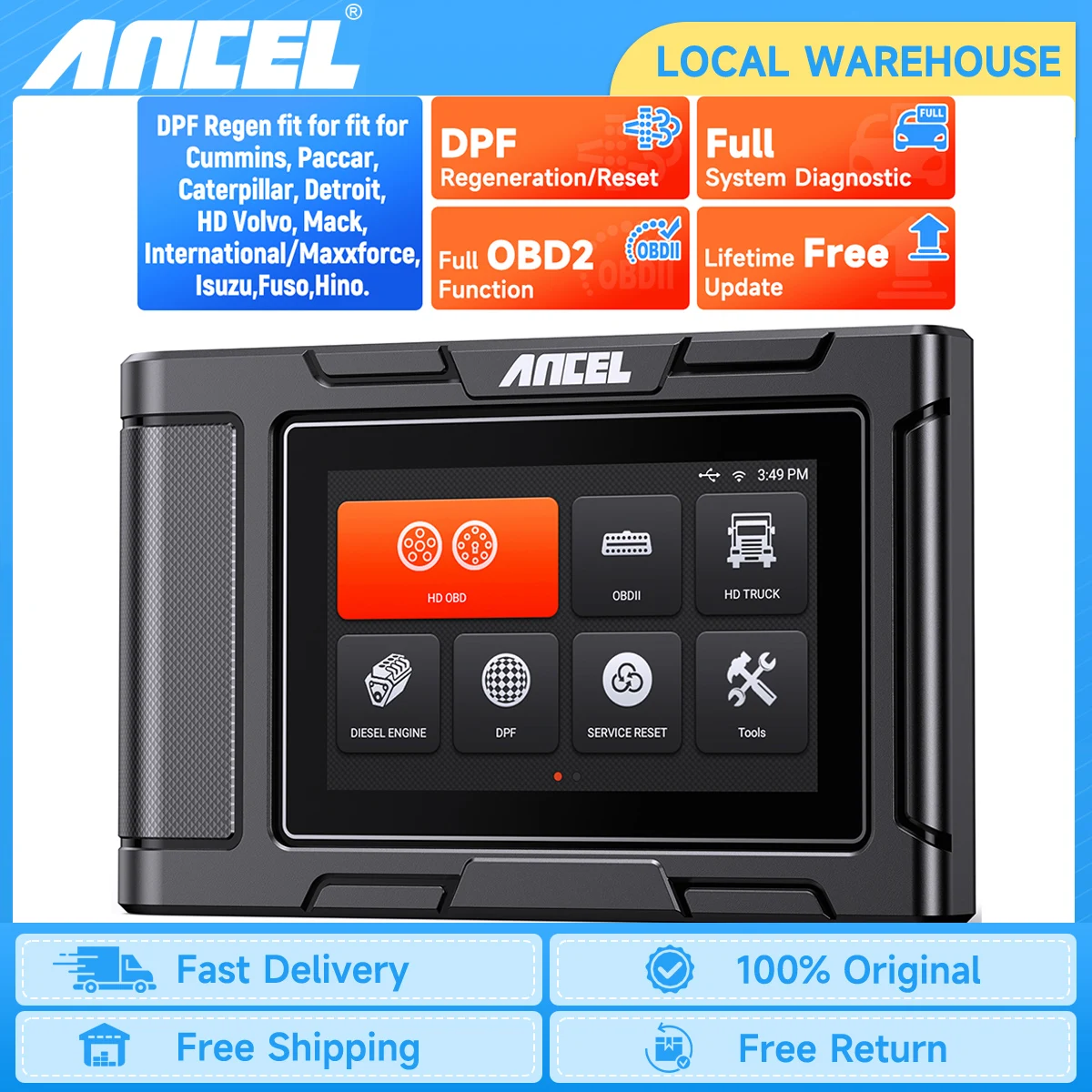 

Ancel HD3400 PRO Дизельный сверхмощный сканер грузовиков HD Все системы диагностического инструмента D.PF Реген для Cummins Detroit Caterpillar Paccar