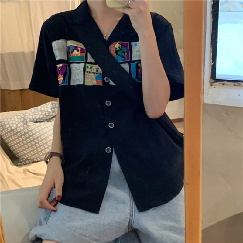 Simple Cartoon Printed Casual All Amtch Loose Button Line Basic 2023 Summer New Arrival Hot Sale College Wind Top Female Shirts