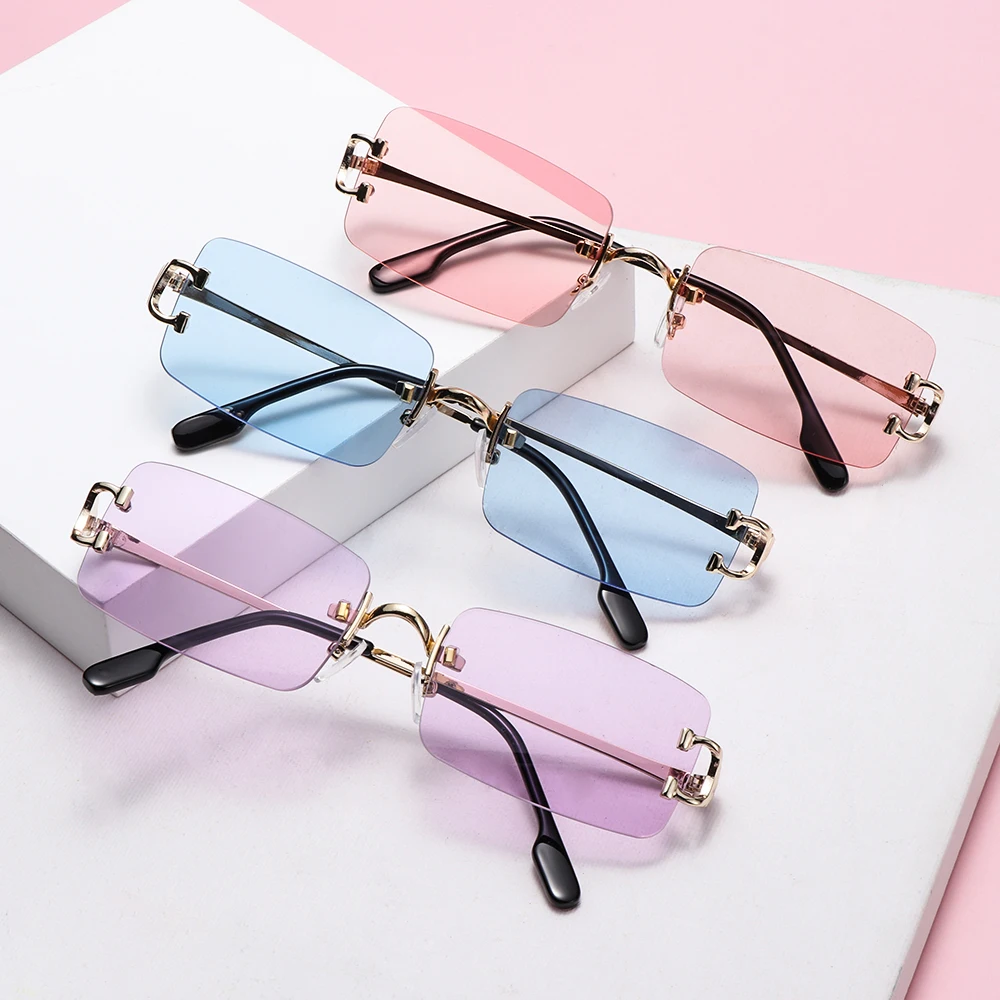 

Fashion Tinted Lens Glasses Frameless Rectangular Sunglasses Men Women Rimless Outdoor Metal UV 400 Eyewear