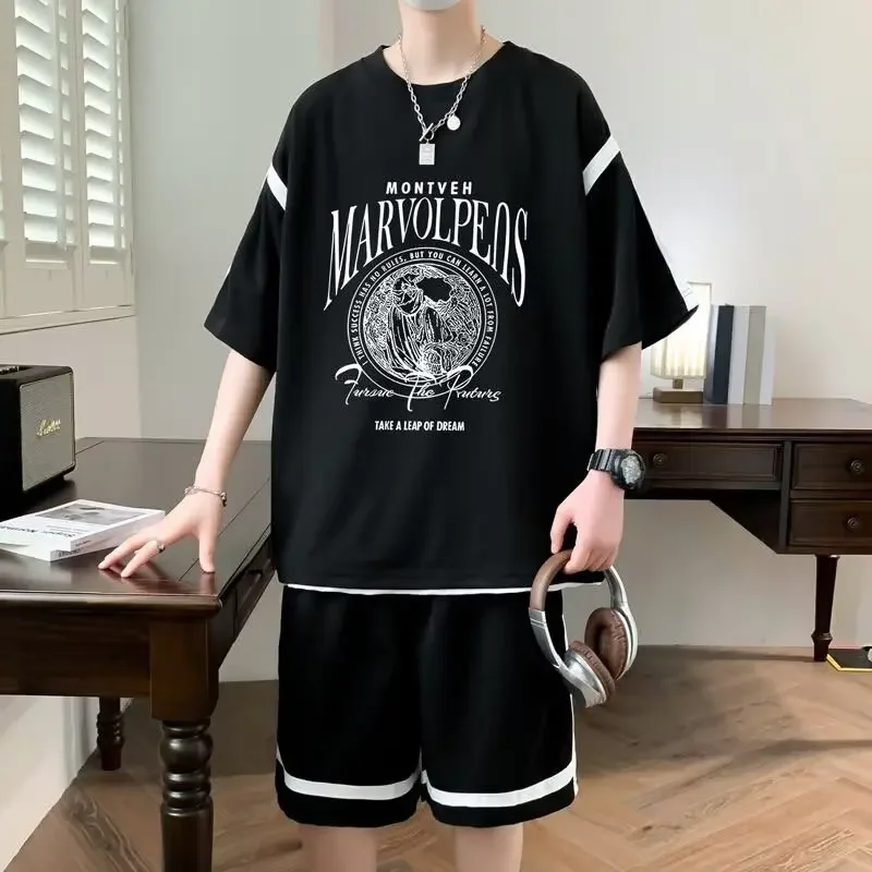 Men's T-Shirt Shorts 2-Piece Set 2025 Summer Tracksuit Korean of Harajuku High Street Clothing Creative Pattern Men's Short Suit