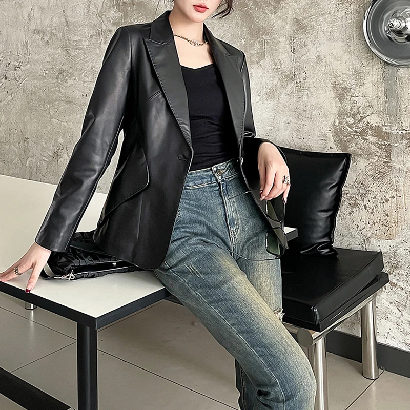 M-3XL chaqueta de cuero auténtico de primavera para mujer, chaquetas elegantes con cuello de solapa y un solo botón para mujer, chaquetas cortas ajustadas de traje de piel de oveja 2025