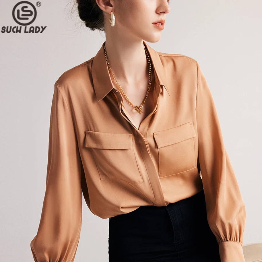 

90% Real Natural Silk 10% Spandex Women's Shirt Turn Down Collar Long Sleeves Front Pocket Elegant Office Lady Blouse