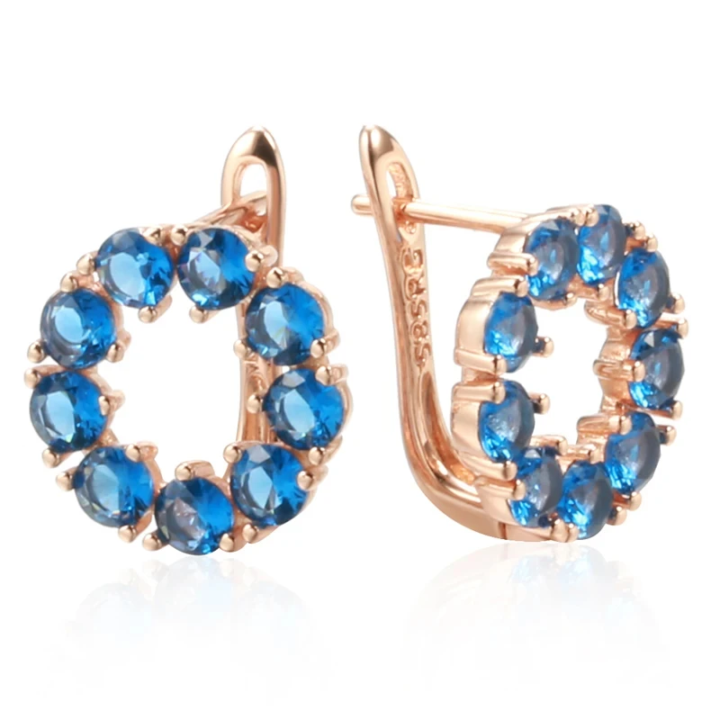 Wbmqda Blue Stone Round Hollow Earrings For Women 585 Rose Gold Color Trendy Zircon Jewelry Accessories