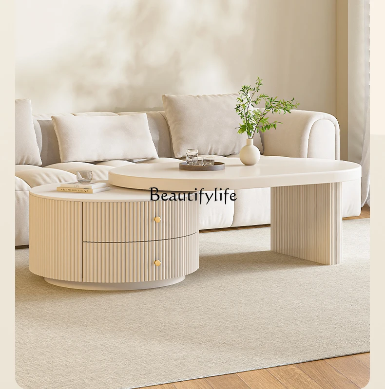 

Cream Style Solid Wood Extendable Coffee Table for Living Room, Small Apartment Oval Tea Table