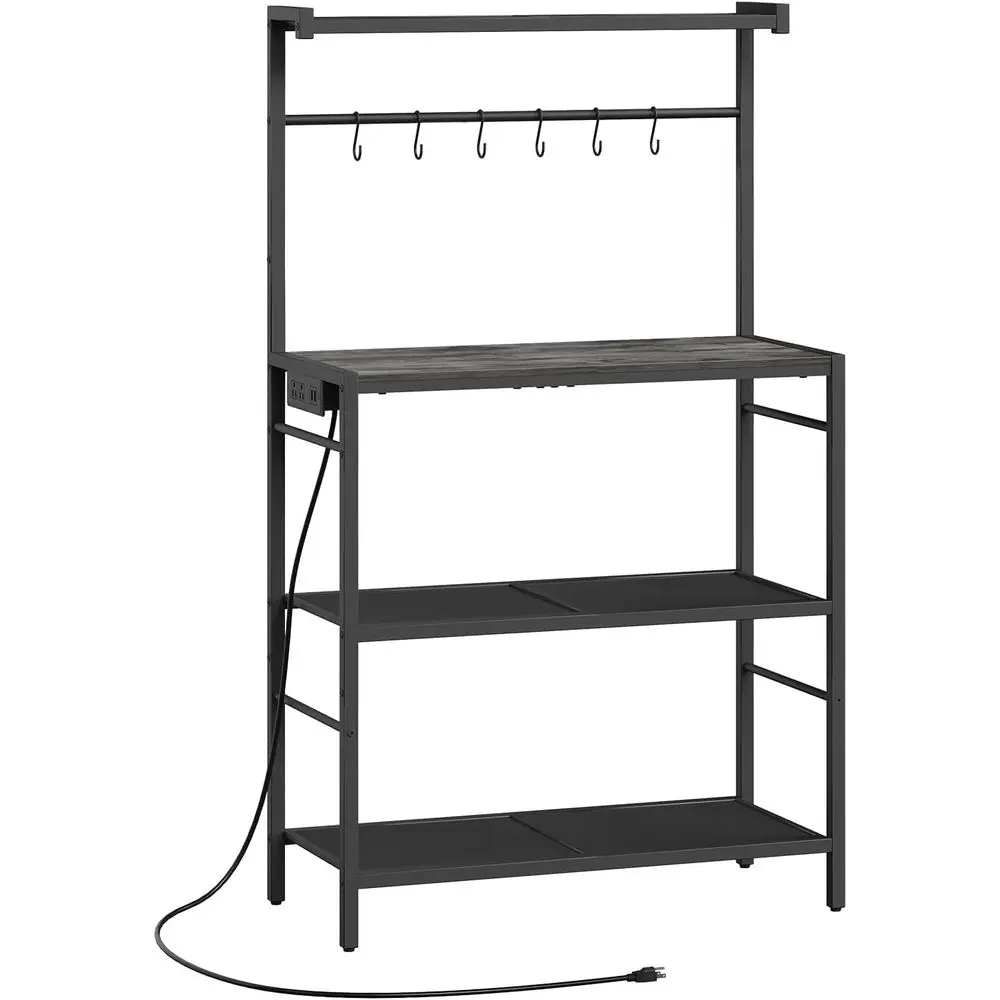 

Bakers Rack with Power Outlet, Kitchen Storage Shelf with 6 Hooks, Microwave Stand with Storage, 4-Tier Coffee Bar Station, for