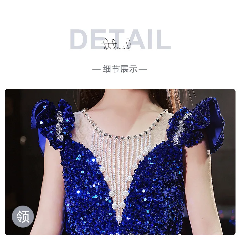 Prinzessin langes Kleid Mädchen Pailletten Abend Hochzeiten Abschluss ball Party elegante tiefe V-Ausschnitt Kleidung Kinder Taufe Kleid Show Mesh Kleid – Detail 6