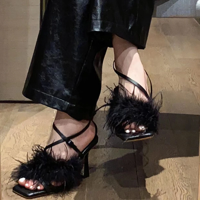 

New black feather shuttlecock with straight strap sandals, women's strap, thin heels, high heels, spicy girls