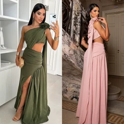 Customized Casual Jersey Pleat Flower A-line One-shoulder Long Dresses Cocktail Dresses Classic Exquisite Modern Style Pastrol U