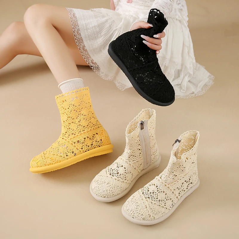 2025 Botas caladas para mujer, zapatos transpirables de malla, Botas tobilleras de verano para mujer, zapatos planos con cremallera y punta redonda, calzado sólido