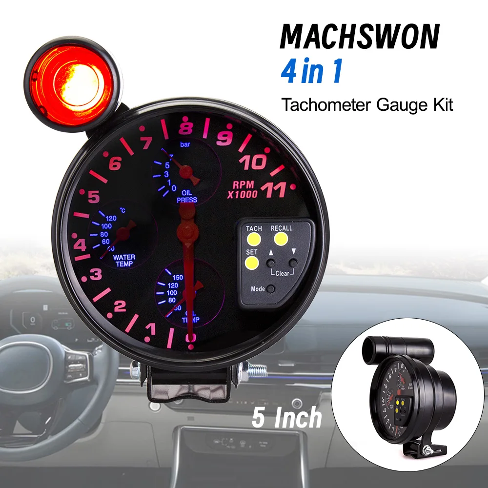

1Set 4 In 1 Tachometer + Sensor + Instruction Manual For Various Models 125.14*93.75mm/4.93*3.69in 12V Car Accessories