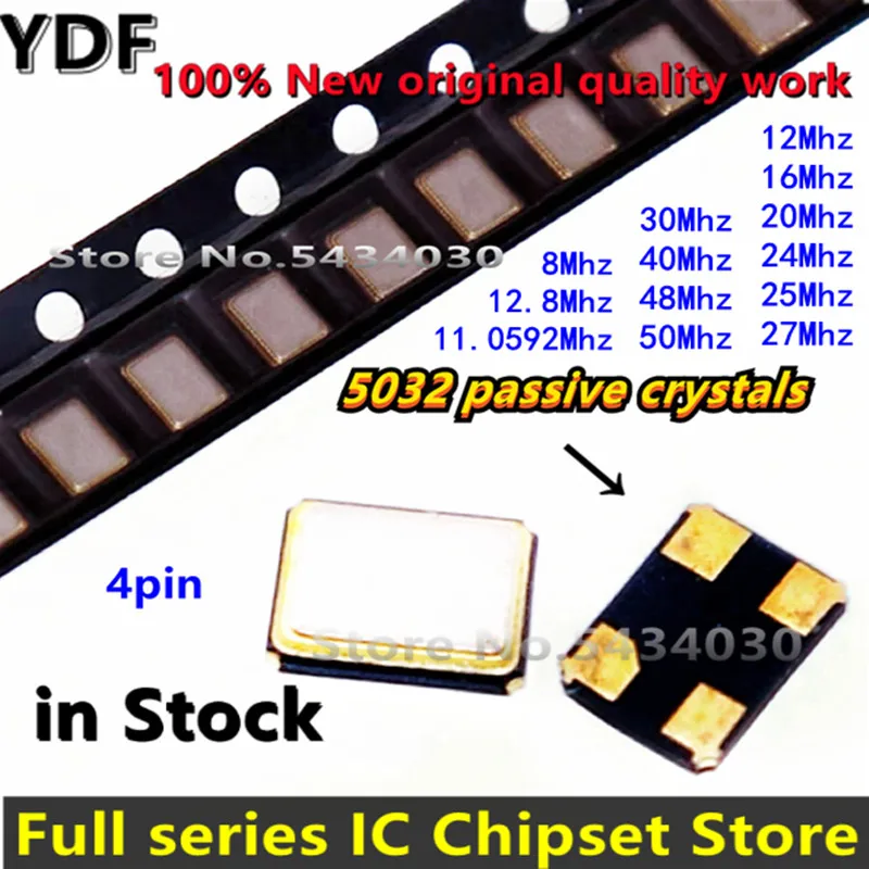 (5pcs) 5032 SMD Passive Quartz Crystal Oscillator 8Mhz 11.0592Mhz 12Mhz 12.8Mhz 16Mhz 20Mhz 24Mhz  25 27 30Mhz  40 48Mhz 50 Mhz