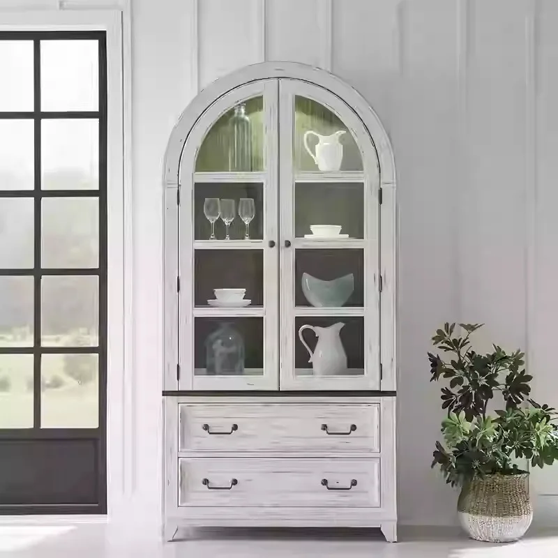 Solid wood arched wine cabinet dining side cabinet living room oak double door display cabinet glass bookcase storage