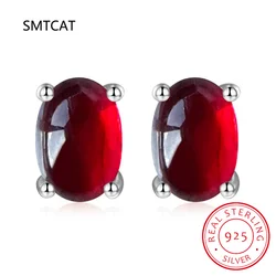 Oval Cut Red Genuine Natural Garnet Ruby 925 Sterling Silver Stud Earring for Women Fashion Statement Gemstone Jewelry Brincos