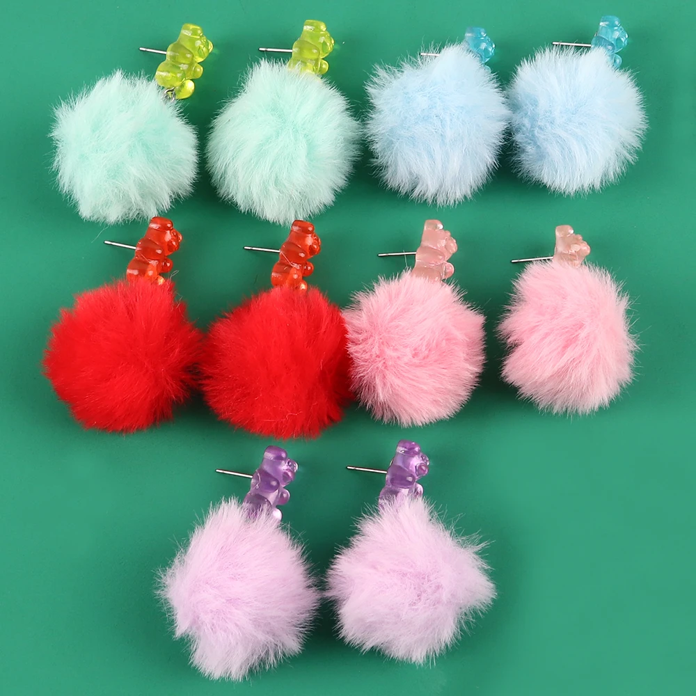 Candy Color Gummy Bear Soft Fur Pompon Drop Earrings for Women Korean Fashion Bears Big Pompom Balls Dangle Earring Y2K Jewelry