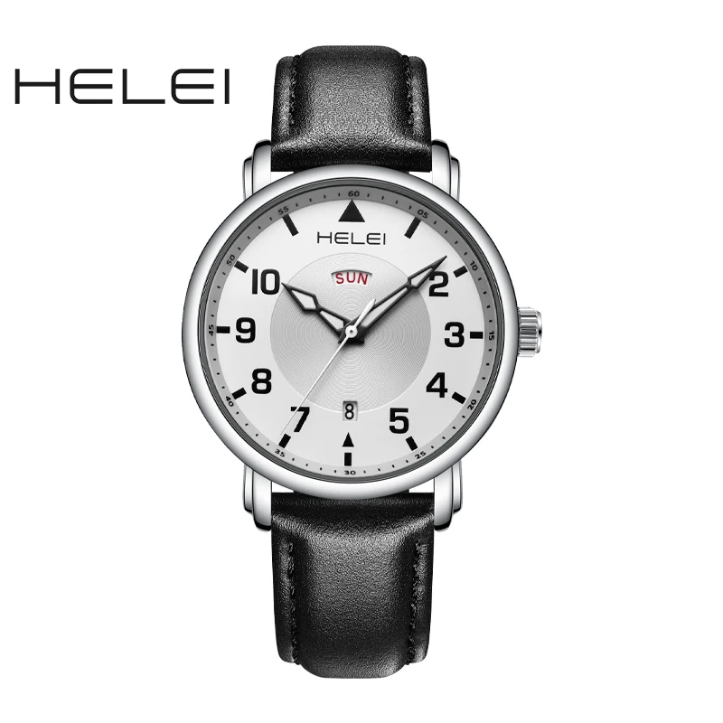 HELEI Fashion new sports casual quartz watch date genuine leather strap men\'s wristwatch