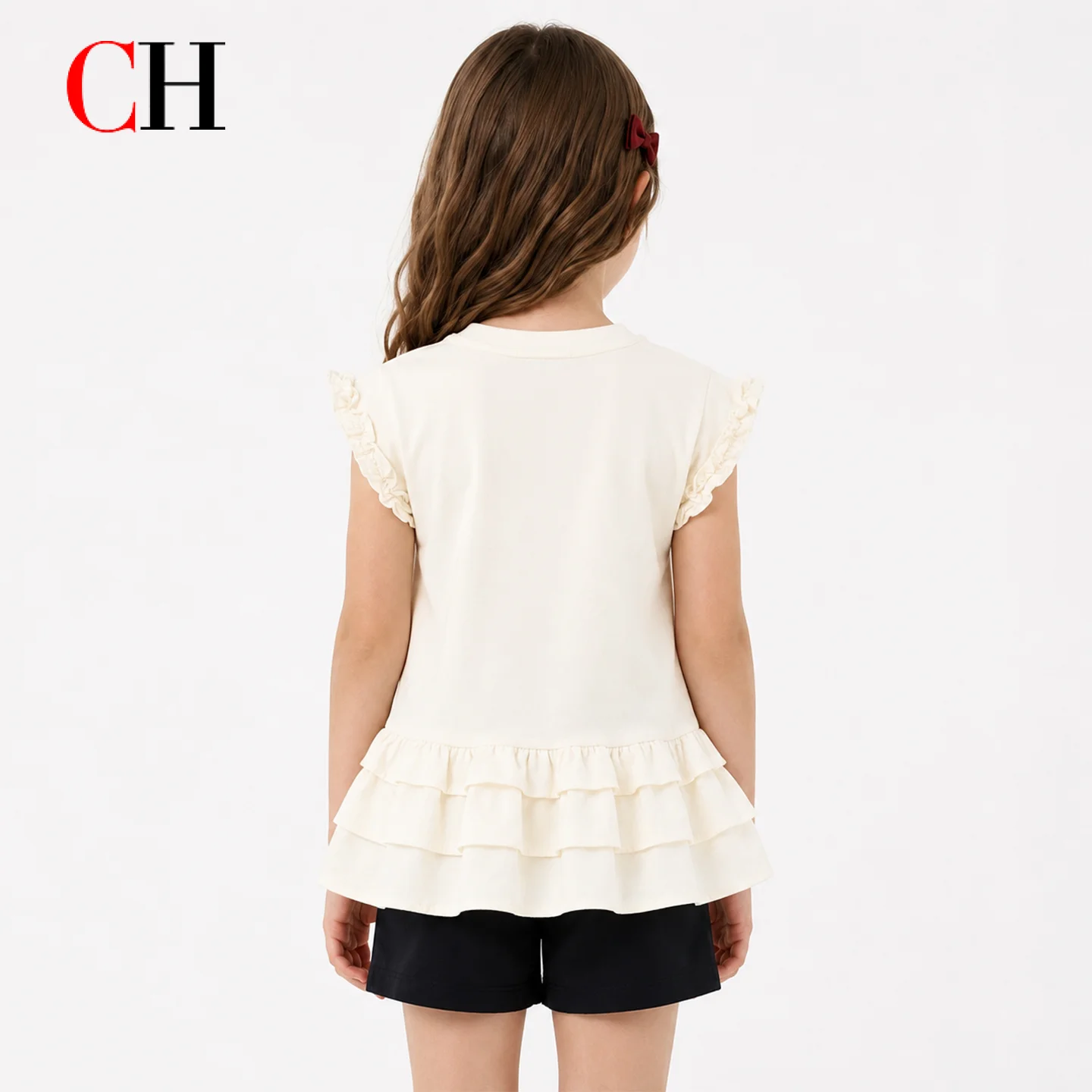 CH Kids Solid Cream Short Sleeve Blouse Signature CHHC Embroidery Multi Layer Flounce Hem Weekend Casual Outfit