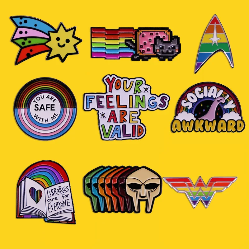 고품질 크리에이티브 레인보우 에나멜 핀, 영어 글자 레인보우 고양이 그물 레드 인기 패션 브로치 금속 배지 액세서리