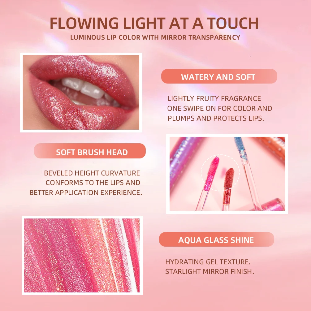 QIBEST Kristall-Lippenglasur, feuchtigkeitsspendender nackter flüssiger Lippenstift, glitzernder Lipgloss, Make-up, sexy, langlebig, Starburst, Perlglanztönung