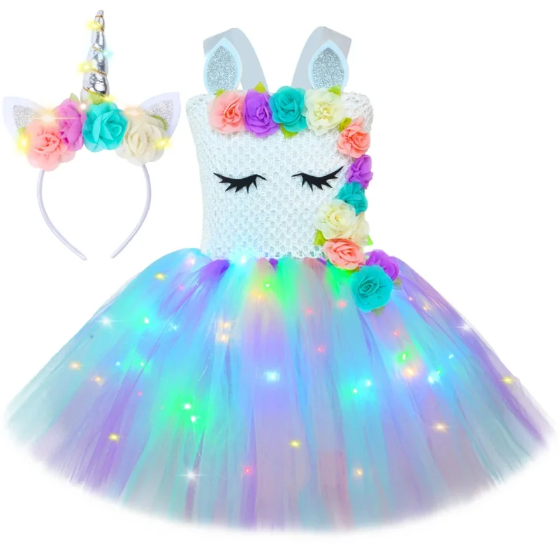 Flowers Princess Unicorn Tutu Dress for Girls LED Light Up Tulle Dress Birthday Party Clothes Halloween Costume for Kids Vestido