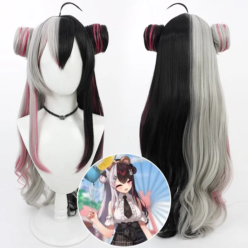 Virtual Vtuber Rena Yorumi Cosplay Wig Gray Black Pink Mixed Long Heat Resistant Synthetic Hair Halloween Role Play Party