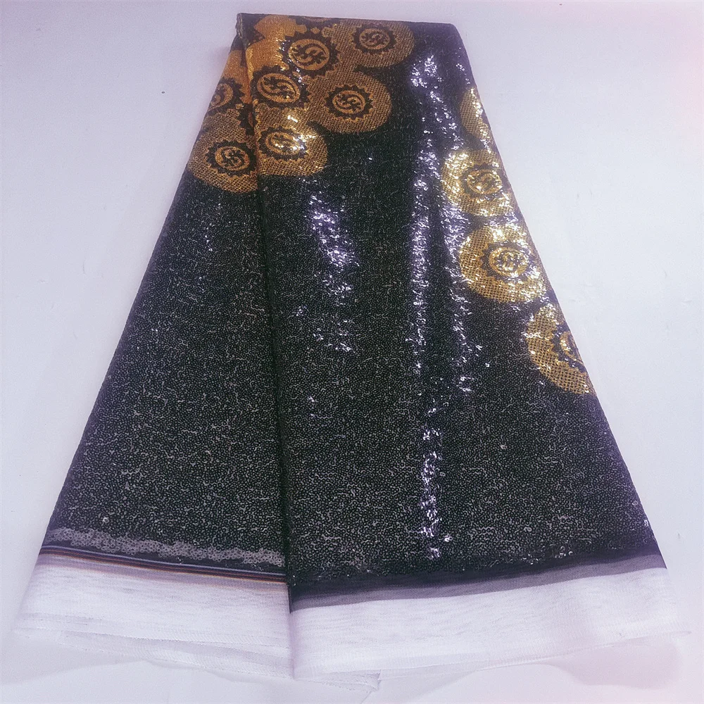 High Quality 5yards African Sequins Lace Fabric Nigerial Silk Style Sequins Material for Party Dress Popular Design P-4-911-2