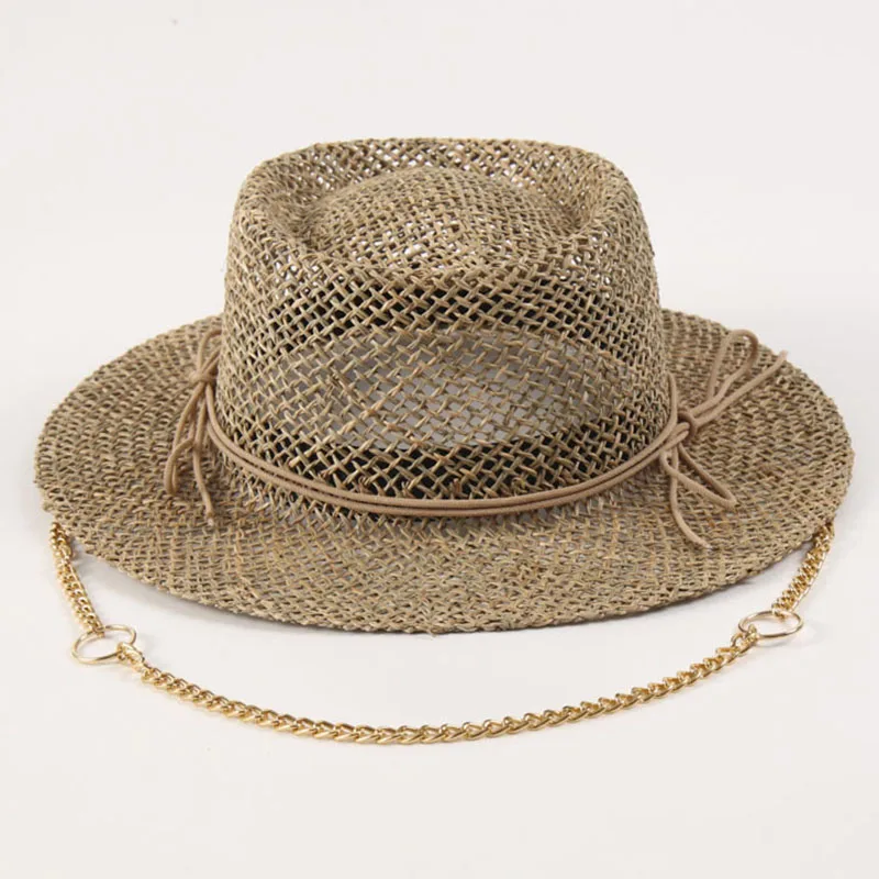 Women Straw Fedora Sea Grass Sun Hat Long Gold Chain Summer Panama Hat Wide Brim Beach Hat UPF50+ Derby Church Garden Party Hat